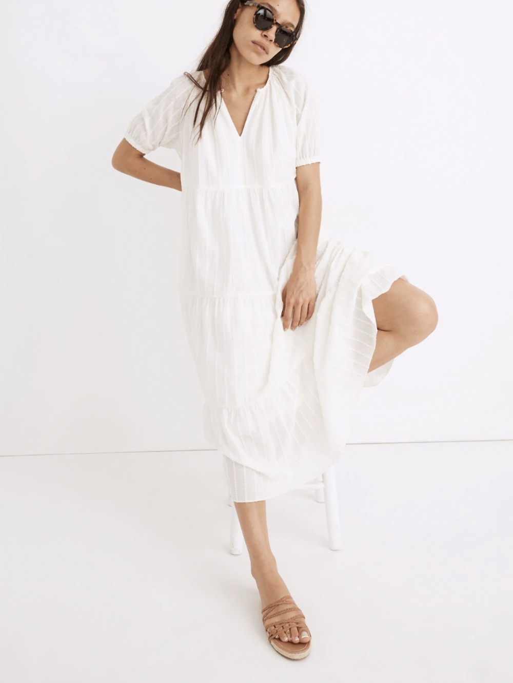 Madewell Bubble Sleeve Tiered Midi In Cream Textural Stripe 100% Cotton Xs